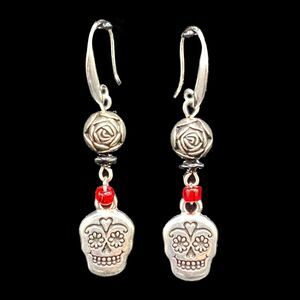 Handmade Sugar Skull & Rose with Black & Red Glass Bead Earrings by Neanie-Bot